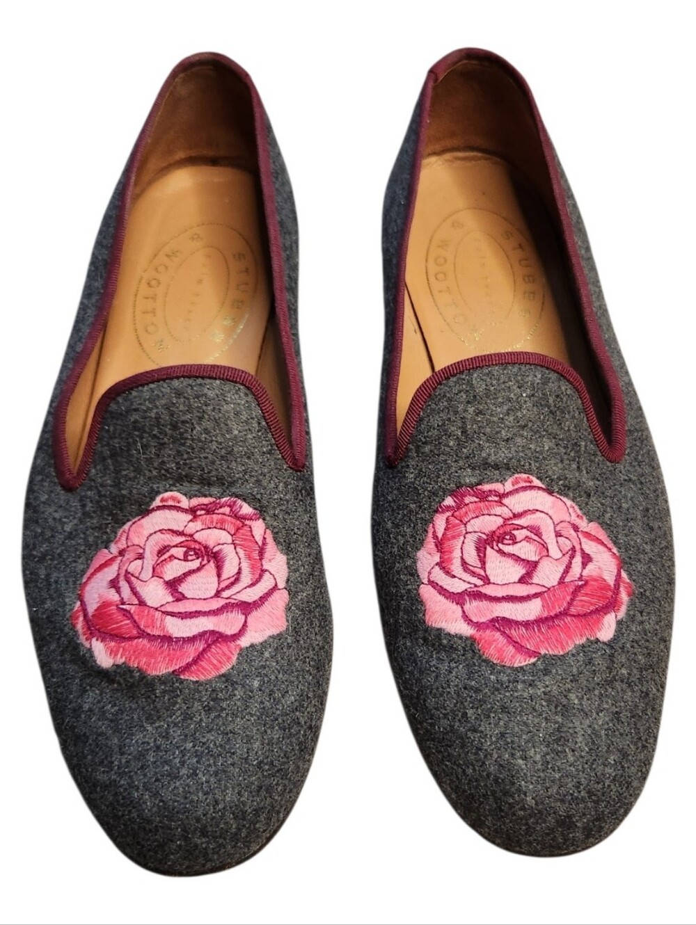STUBBS & WOOTTON Rose Blossom Slipper in Gray Flannel, Size 10- Reg $625